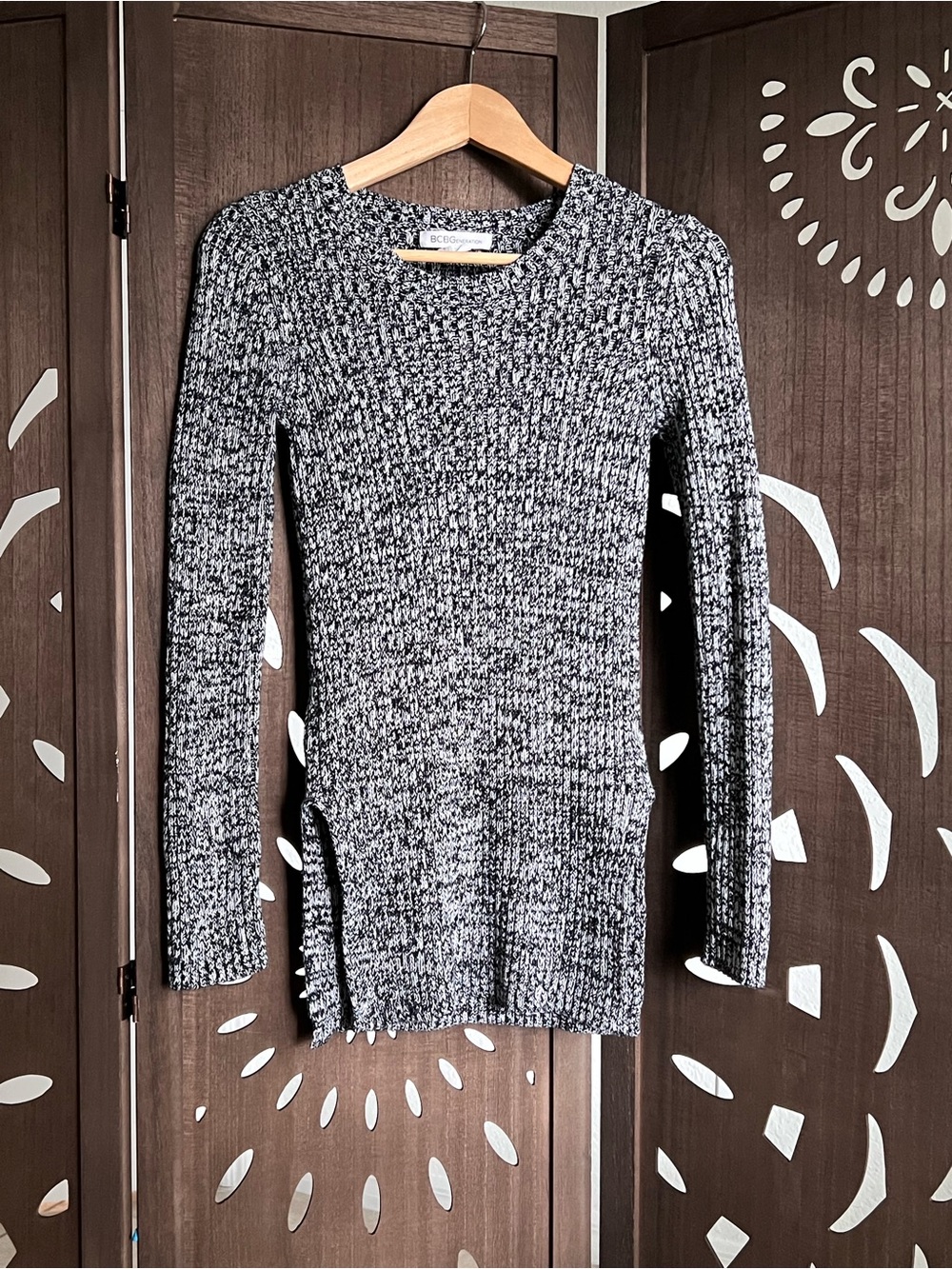BCBGeneration Black & White Marled Ribbed Crewneck Sweater